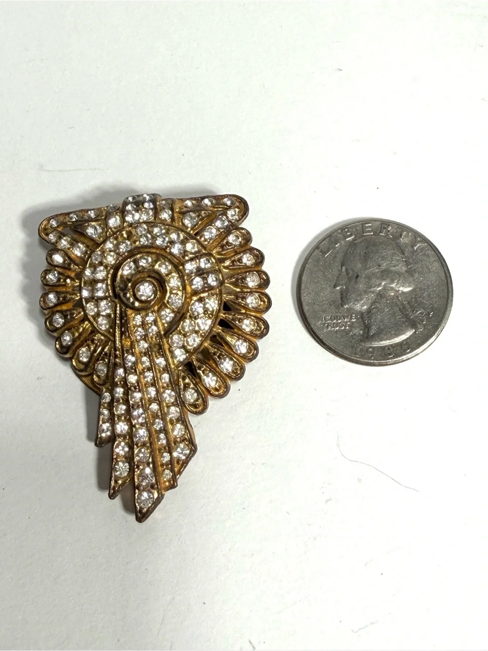Art Deco Egyptian Revival Dress Clip 1930s Pat 1801128 Rhinestones Gold Tone